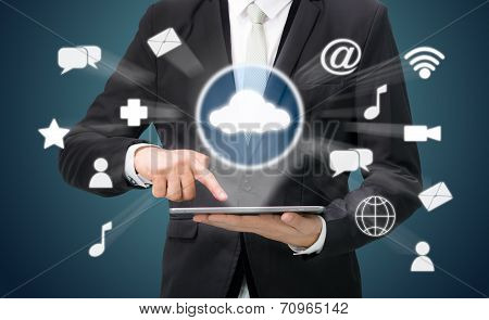 Businessman Hand Holding Tablet Cloud Connectivity