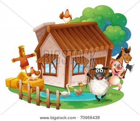 Illustration of many animals and a cottage