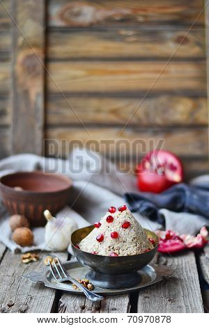 traditional Georgian vegetable snack of a pkhali in a vintage metal bowl