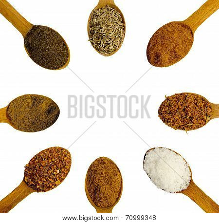 Wooden Spoons With Spices With Different Spices