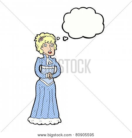 cartoon shocked victorian woman with thought bubble