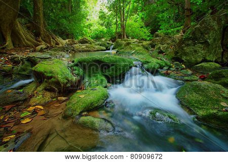 Waterfalls In Deep Forest ,natural Green Background