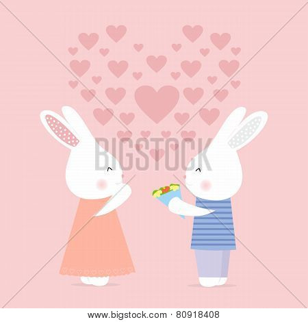 Cute bunny gives flowers, love card