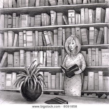 Женщина чтения книги в библиотеке