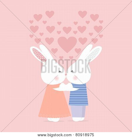 Cute rabbits kissing on a pink background