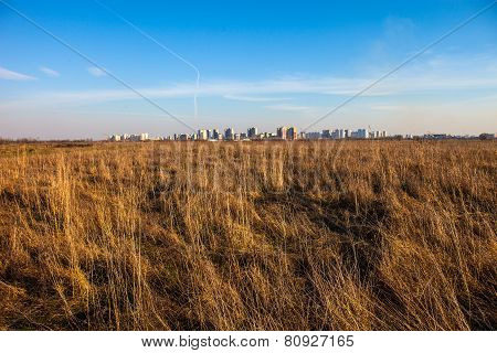 Urban Landscape. Dry Field And Kyiv In The Distance