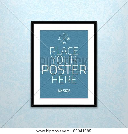 Vector template of frame with poster, placed in interior.