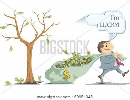 Lucky Businessman Pulling A Bag Of Money From The Money Tree