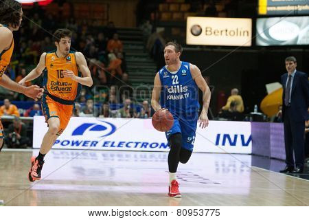VALENCIA, SPAIN - JANUARY 21: Runkauskas with ball during Eurocup match between Valencia Basket Club and CSU Asesoft at Fonteta Stadium on January 21, 2015 in Valencia, Spain