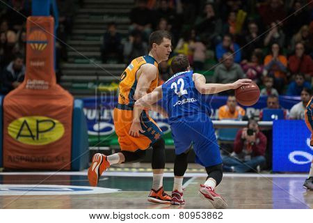 VALENCIA, SPAIN - JANUARY 21: Runkauskas with ball during Eurocup match between Valencia Basket Club and CSU Asesoft at Fonteta Stadium on January 21, 2015 in Valencia, Spain