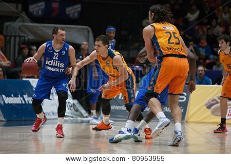 VALENCIA, SPAIN - JANUARY 21: Runkauskas with ball during Eurocup match between Valencia Basket Club and CSU Asesoft at Fonteta Stadium on January 21, 2015 in Valencia, Spain