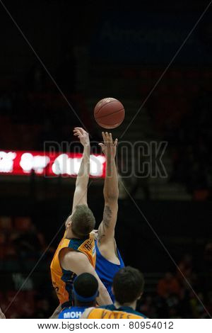 VALENCIA, SPAIN - JANUARY 21: Start of match during Eurocup match between Valencia Basket Club and CSU Asesoft at Fonteta Stadium on January 21, 2015 in Valencia, Spain