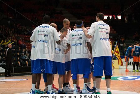 VALENCIA, SPAIN - JANUARY 21: Asesoft Ploiesti team during Eurocup match between Valencia Basket Club and CSU Asesoft at Fonteta Stadium on January 21, 2015 in Valencia, Spain