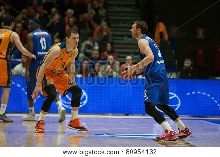 VALENCIA, SPAIN - JANUARY 21: Runkauskas with ball during Eurocup match between Valencia Basket Club and CSU Asesoft at Fonteta Stadium on January 21, 2015 in Valencia, Spain