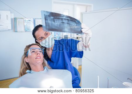 Dentist explaining x-ray to patient at the dental clinic