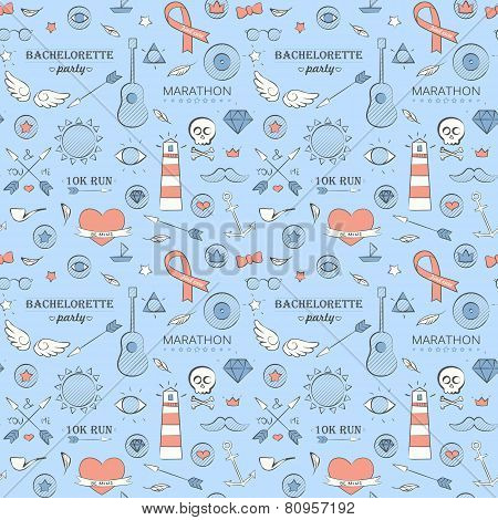 Doodle Seamless Hipster Pattern Over Light Blue