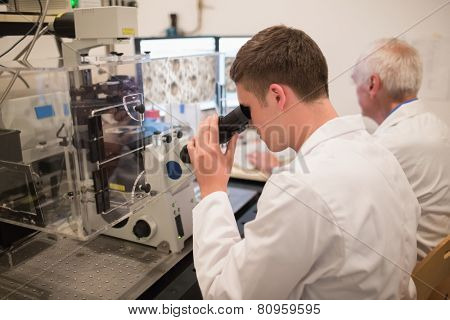 Biochemist and student looking at microscopic images on computer at the university