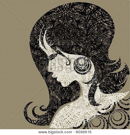 Vektorové ilustrace grunge dívky s krásné vlasy