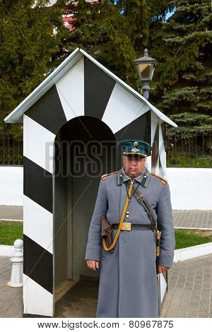 KOLOMNA, RUSSIA - MAY 03, 2014: Guard in the form of the 19th century policeman in the Kolomna Kremlin - Russia - Moscow region.