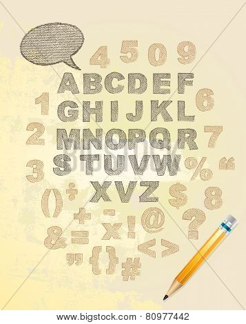 Vector alphabet. Texture paint. Letters of the alphabet written with a pencil on canvas paper.