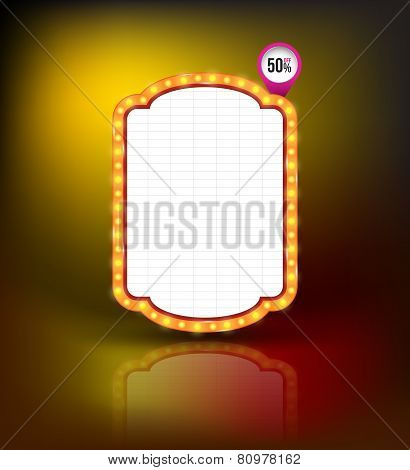 Brightly glowing retro banner. Retro Banner Promotion. Theatre cinema board style. Vector illustration.