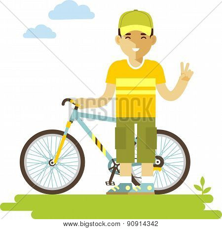 Young bicycle rider man with bike in flat style