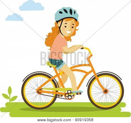 Happy little girl riding bikes isolated on white background in flat style