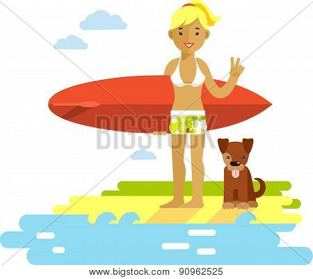 Young surfer girl with surfboard on the beach