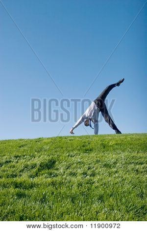 Imprenditore felice facendo manovra sull'erba