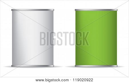 Tin box can packaging container isolated vector illustration. Green White
