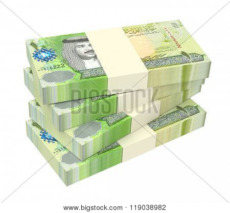 Bahraini dinar bills isolated on white background. Computer generated 3D photo rendering.