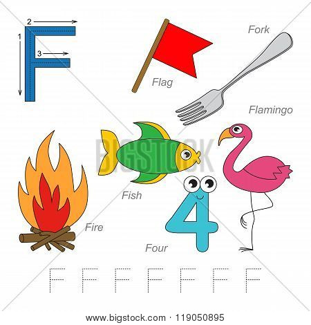 Tracing Worksheet for children. Full english alphabet from A to Z pictures for letter F the colorful version.