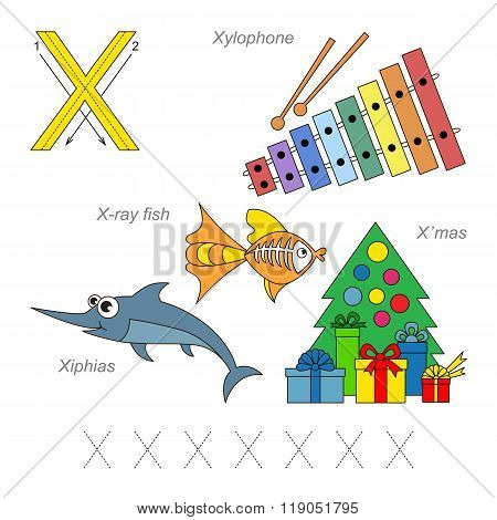 Tracing Worksheet for children. Full english alphabet from A to Z pictures for letter X the colorful version.