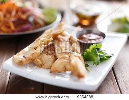 chicken satay on plate with peanut sauce