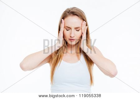 Sick woman having headache isolated on a white background
