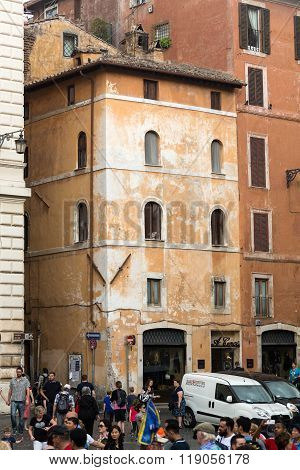 Rome Italy - June 15 2015: Old Roman Houses At Piazza Rotonda In Rome Italy