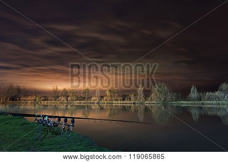Night Fishing, Carp Rods, Cloudscape reflection on lake