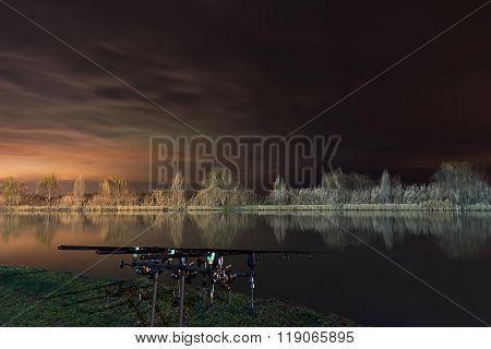 Night Fishing, Carp Rods, Cloudscape reflection on lake