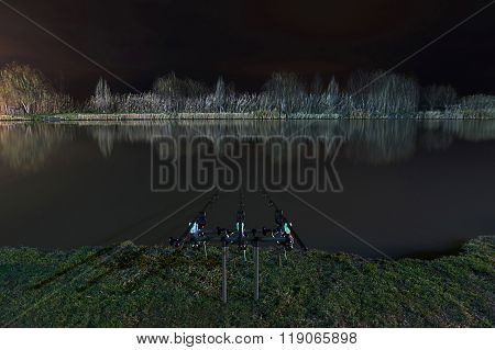 Night Fishing, Carp Rods, Cloudscape reflection on lake