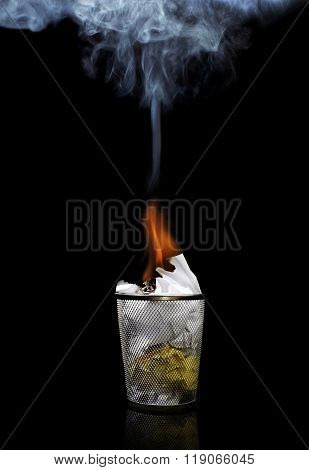 Paper on Fire In A Wastebasket Or Trashcan