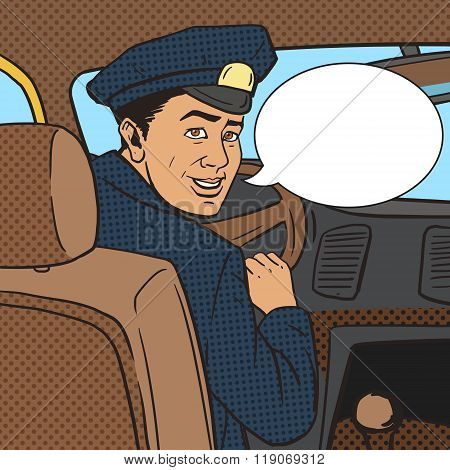 Taxi driver in taxi car pop art style vector