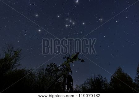 Telescope and real Night sky. Taurus in real night sky