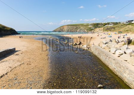 Beautiful late summer sun and fine weather people at the beach Mawgan Porth, North Cornwall