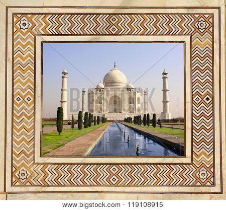 Famous Taj Mahal mausoleum in frame of ancient mosaic on marble, Agra, India