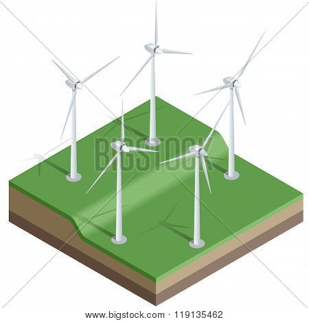 Flat 3d Vector isometric illustration. Wind turbines. Wind energy.