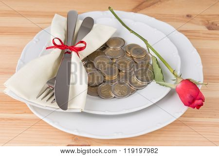 Plate With Coins Knife And Fork