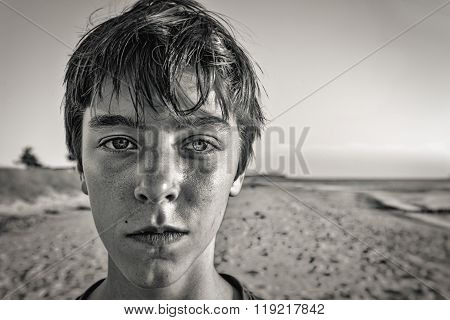 Bw Portrait Of A Teenage Boy At The Beach