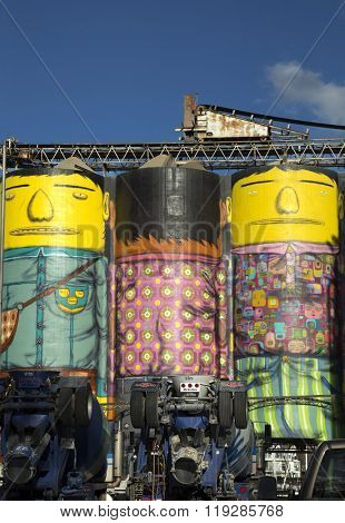 VANCOUVER-CANADA 16 february 2016:  This giants are a part of a series named Giants and made by Os Gemeos, brazilian artists.  Vancouver mural is the first in Canada and the only one in 3D.