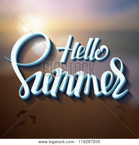 Hello summer poster inscription on a background seascape picture.