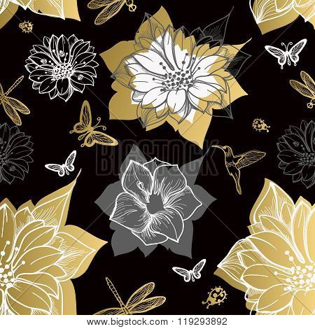 Seamless pattern flowers butterflies black background.